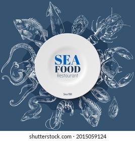 Composition of fish and sea food on blue background. Seafood shop or restaurant, template for labels and signboard. Vector hand-drawn illustration for seafood reastaurant logo. Cooking seafood concept