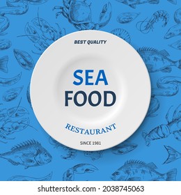 Composition of fish and sea food on blue background. Seafood shop or restaurant, template for labels and signboard. Vector hand-drawn illustration for seafood reastaurant logo. Cooking seafood concept