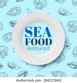 Composition of fish and sea food on blue background. Seafood shop or restaurant, template for labels and signboard. Vector hand-drawn illustration for seafood reastaurant logo. Cooking seafood concept