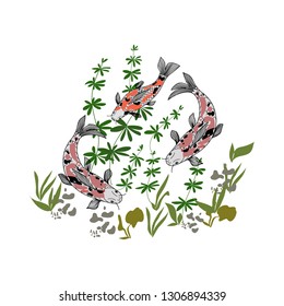 Composition, fish and sea plants, hand drawn, vector illustration