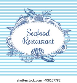 Composition of fish and seafood on a striped background. The design concept for design seafood shop or restaurant, a template for labels and signboard. Vector hand-drawn illustration.