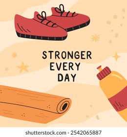 Composition of fitness equipment objects. training items, workout stuff. Pilates props vector hand drawn illustration.