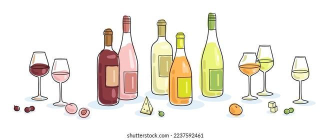 Composition of five bottles of wine with glasses and snacks. Handmade picture in line style. Black contour with colored spots. Isolated on white.  Vector flat illustration. Template for menu design
