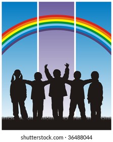 Composition with five children's silhouettes. They stand on a grass. On a distance shot a colour background and a rainbow.