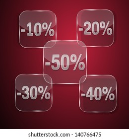Composition of the five glass plates with inscriptions on discounts on red background