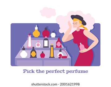 Composition in flat style with woman choosing perfume in shop vector illustration