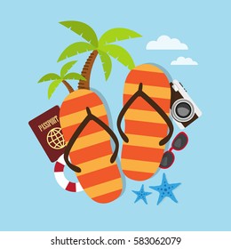 Composition with a flip flops and accessories travel. Holidays on the beach concept. Vector illustration.