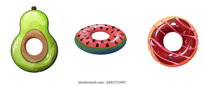  A composition of float rings with vibrant and playful designs, including an avocado, a chocolate-glazed donut, and a watermelon. The color palette includes green, brown, pink, black, red, chocolate