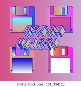 Composition with floppy disc and 3d title "Retro Vibes". Retrofuturistic illustration in vaporwave and retrowave 80's-90's aesthetics style.