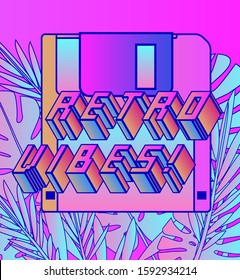 Composition with floppy disc and tropical palm leaves. Retrofuturistic illustration in vaporwave and retrowave 80's-90's aesthetics style.