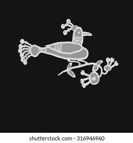 Composition of floral motif with bird. Ukrainian folklore, ellipses, branches, leaves, Hand drawn.