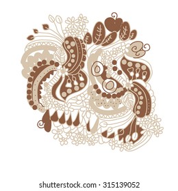 Composition  of   floral motif,  doodles,   leaves,spots, branches, hole . Hand drawn.
