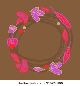 Composition of floral motif with garland. Ellipses, branches, leaves, spots, autumn theme, Hand drawn.