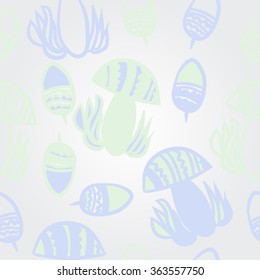 Composition of floral pattern, doodles, acorns, mushrooms, zigzag,spots, hole. Hand drawn.