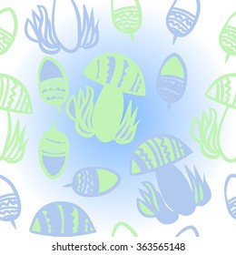 Composition of floral  pattern, doodles, acorns, mushrooms, zigzag,spots, hole. Hand drawn.