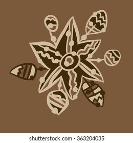 Composition of floral pattern, doodles, leaves, branches, stylized flower, star, zigzag, spots, hole. Hand drawn.