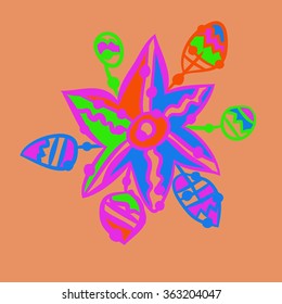 Composition of floral pattern, doodles, leaves, branches, stylized flower, star, zigzag, spots, hole. Hand drawn.
