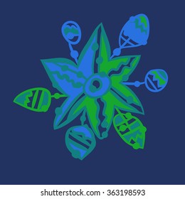 Composition of floral  pattern, doodles,leaves, branches,  stylized flower, star,zigzag,spots, hole  . Hand drawn.