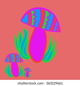 Composition of floral  pattern, doodles,leaves,stylized mushrooms,zigzag,spots, hole  . Hand drawn.