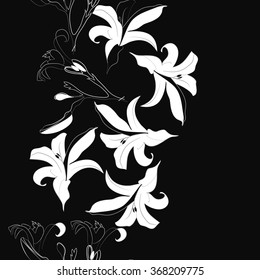 Composition of  floral seamless motif, doodles,spots,lilly flowers, branch, hole, bud, leaves, copy space. Hand drawn.