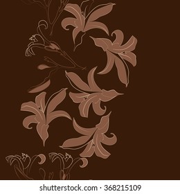Composition of  floral seamless motif, doodles,spots,lilly flowers, branch, hole, bud, leaves, copy space. Hand drawn.