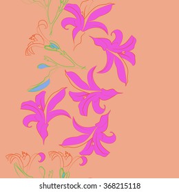 Composition of  floral seamless motif, doodles,spots,lilly flowers, branch, hole, bud, leaves, copy space. Hand drawn.