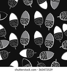 Composition of floral seamless pattern, doodles, acorns, zigzag, spots, hole. Hand drawn.