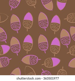 Composition of floral seamless pattern, doodles, acorns, zigzag, spots, hole. Hand drawn.