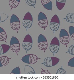 Composition of floral seamless pattern, doodles, acorns, zigzag, spots, hole. Hand drawn.