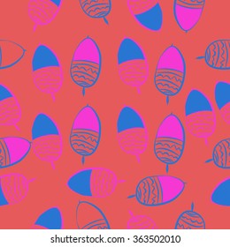 Composition of floral seamless pattern, doodles, acorns, zigzag, spots, hole. Hand drawn.