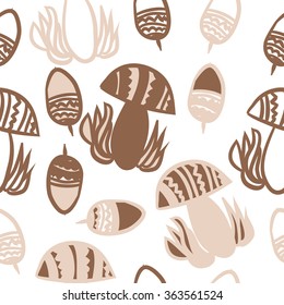 Composition of floral seamless pattern, doodles, acorns, mushrooms, zigzag,spots, hole. Hand drawn.