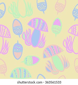 Composition of floral seamless pattern, doodles, acorns, mushrooms, zigzag,spots, hole. Hand drawn.