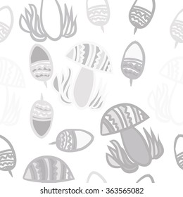 Composition of floral seamless pattern, doodles, acorns, mushrooms, zigzag,spots, hole. Hand drawn.
