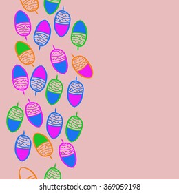 Composition of floral seamless pattern, doodles, acorns, zigzag, spots, hole, vertical. Hand drawn.