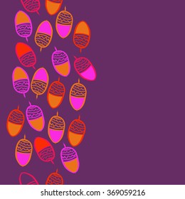 Composition of floral seamless pattern, doodles, acorns, zigzag, spots, hole, vertical. Hand drawn.