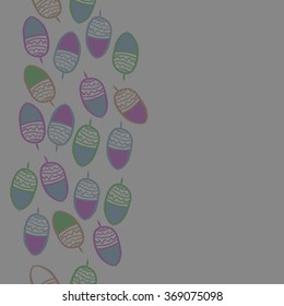 Composition of floral seamless pattern, doodles, acorns, zigzag, spots, hole, vertical. Hand drawn.