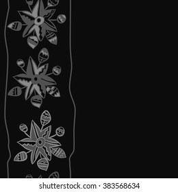 Composition of floral  vertical pattern, doodles,leaves, branches,  stylized flower, star,zigzag,spots, hole, copy space  . Hand drawn, seamless.