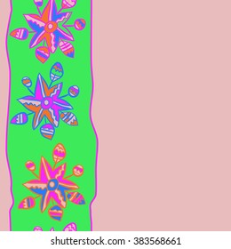 Composition of floral  vertical pattern, doodles,leaves, branches,  stylized flower, star,zigzag,spots, hole, copy space  . Hand drawn, seamless.