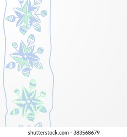 Composition of floral  vertical pattern, doodles,leaves, branches,  stylized flower, star,zigzag,spots, hole, copy space  . Hand drawn, seamless.