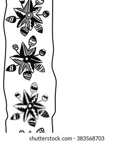 Composition of floral  vertical pattern, doodles,leaves, branches,  stylized flower, star,zigzag,spots, hole, copy space  . Hand drawn, seamless.