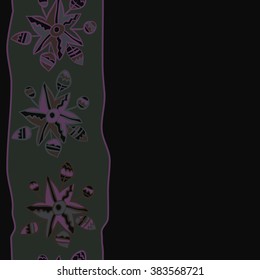 Composition of floral  vertical pattern, doodles,leaves, branches,  stylized flower, star,zigzag,spots, hole, copy space  . Hand drawn, seamless.