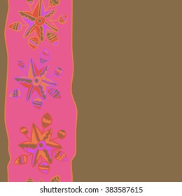 Composition of floral  vertical pattern, doodles,leaves, branches,  stylized flower, star,zigzag,spots, hole, copy space  . Hand drawn, seamless.