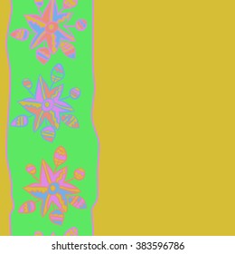 Composition of floral  vertical pattern, doodles,leaves, branches,  stylized flower, star,zigzag,spots, hole, copy space  . Hand drawn, seamless.