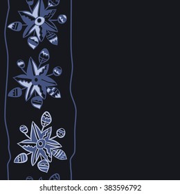 Composition of floral  vertical pattern, doodles,leaves, branches,  stylized flower, star,zigzag,spots, hole, copy space  . Hand drawn, seamless.