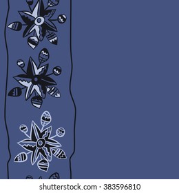 Composition of floral  vertical pattern, doodles,leaves, branches,  stylized flower, star,zigzag,spots, hole, copy space  . Hand drawn, seamless.