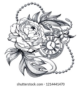 Composition with flower and pocket watch on chain. Vector illustration for tattoo. Time symbol. Adult Coloring page