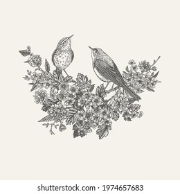 Composition with flowering trees and two birds. Isolated vector elements. Botanical illustration. Cherry, hawthorn, kerria. Black and white.