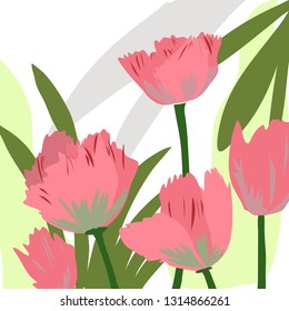 Composition of flowers, abstract, hand drawn, large pink flowers, white background, vector illustration