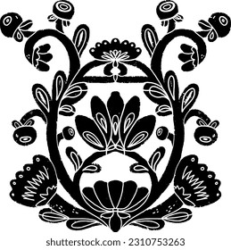 Composición de flores y bayas. Elemento negro, superficie áspera, textura gruesa, estilo linocut, estilo escandinavo. Estilo de campo, arte popular. Elementos cortados. Elemento para el diseño.