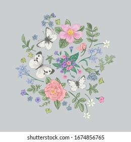 Composition with flowers and butterflies on a gray background. Pastel colors. Vector illustration.